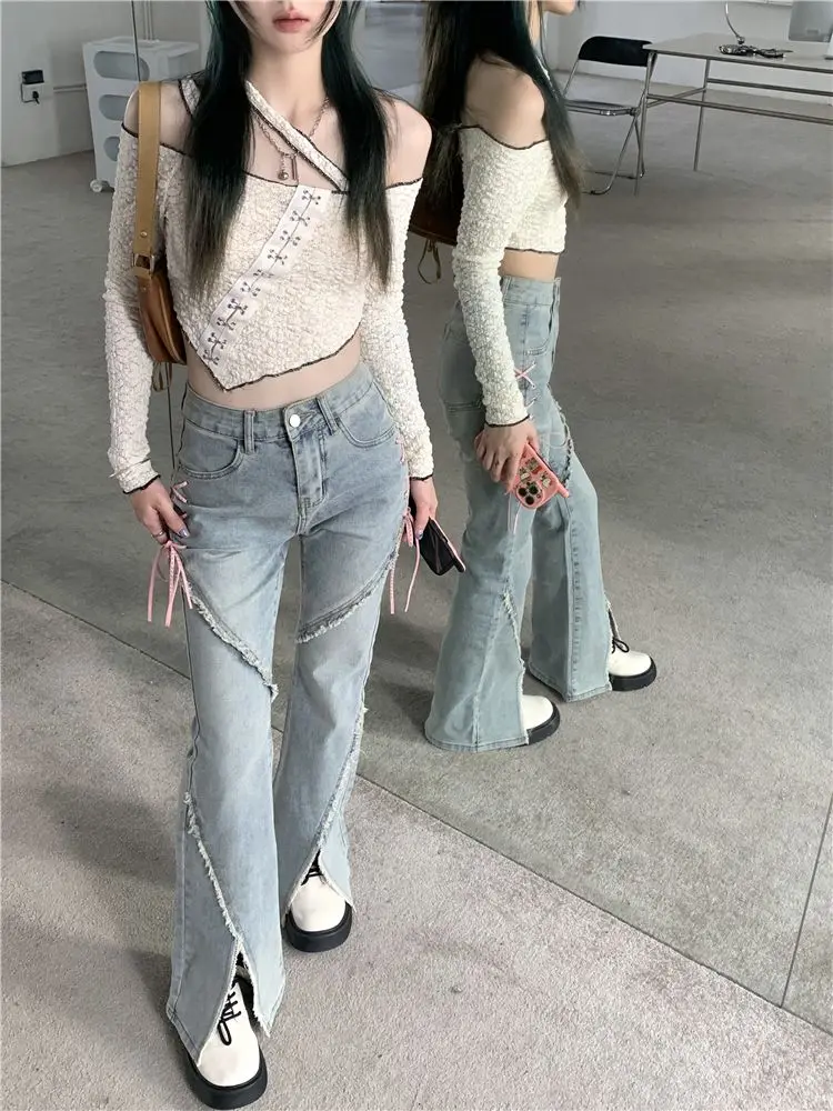 Women's Summer Stretchy High Waist Flared Jeans 2026 New Cropped Denim Pants With Side Slit Hem Tie Knot Detail