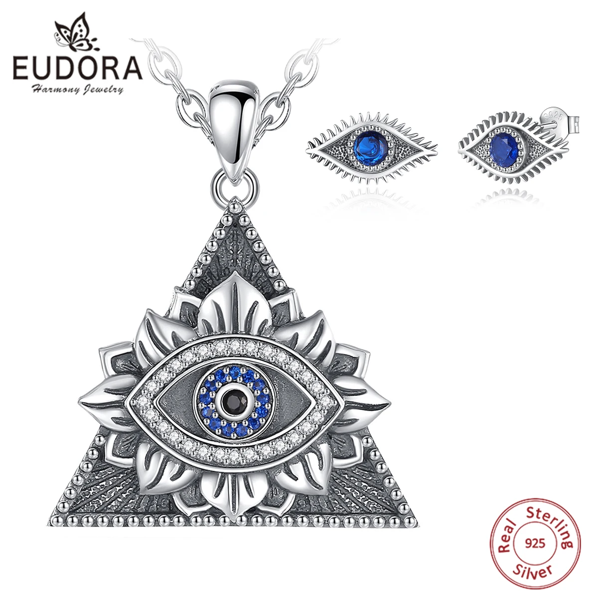 

Eudora 925 Sterling Silver Pyramid Evil Eye Necklace & Earring for Women Man Vintage Lotus Pendant Personality Jewelry Party Gif