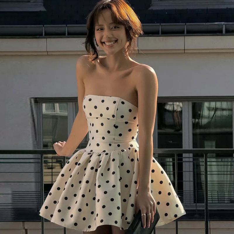 

SKMY 2025 New Fashion French Stryle Polka Dot Printed Dress Summer Strapless High Waist A-Line Bow Puffy Short Dresses For Women