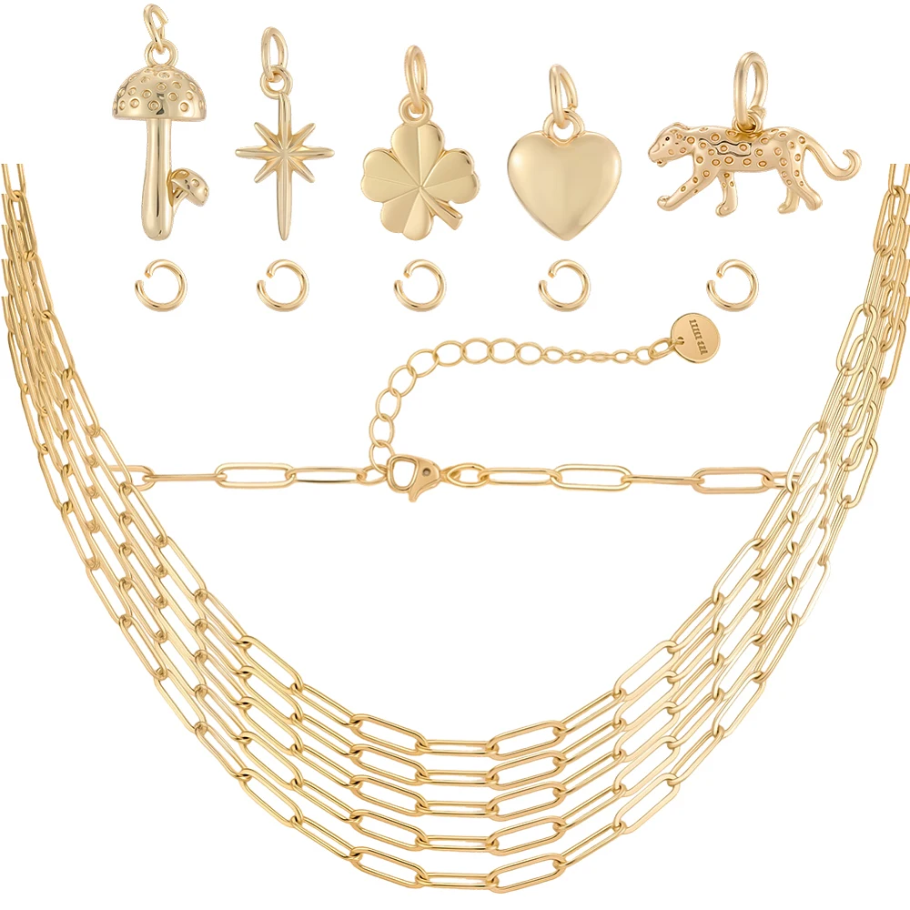 1 Box 5Pcs 16.34 inch 304 Stainless Steel Paperclip Chain Necklace for Women 18K Gold Plated Brass 5 Style Heart Mushroom Clover