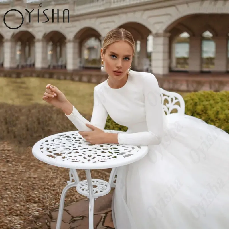 OYISHA O-Neck Long Sleeves Muslim Wedding Dresses Classic Tulle A-Line White Bridal Gowns For Woman Gorgeous Vestido De Mariages