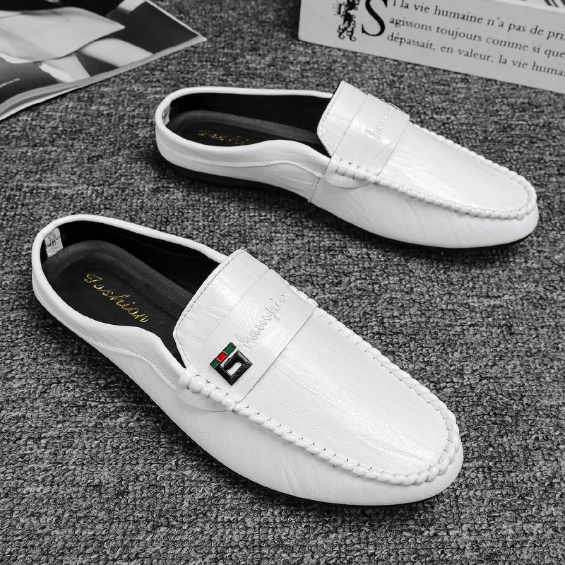 Lightweight Summer Men Shoes Mens Mules Half Slippers Leather Backless Casual Shoes non-slip Flat Sandals Male Slides