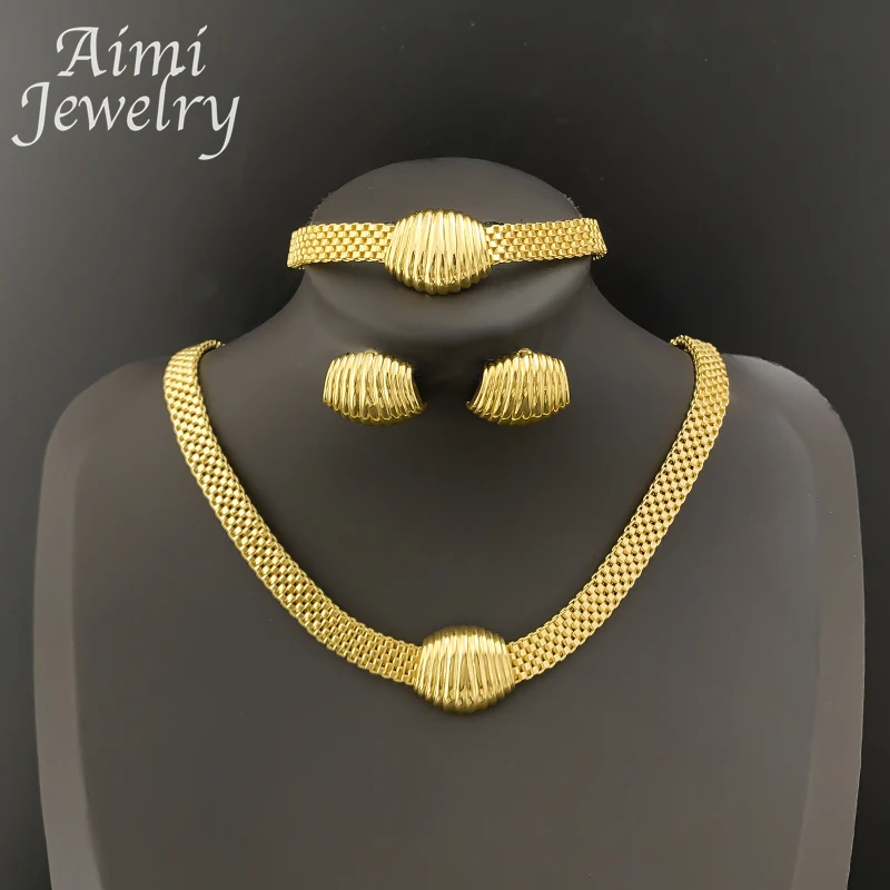 

Necklace Earrings Bracelet Sets Simple Gold Plated Jewelry Set for Women Italian Jewellery Set Bridal Wedding African Party Gift