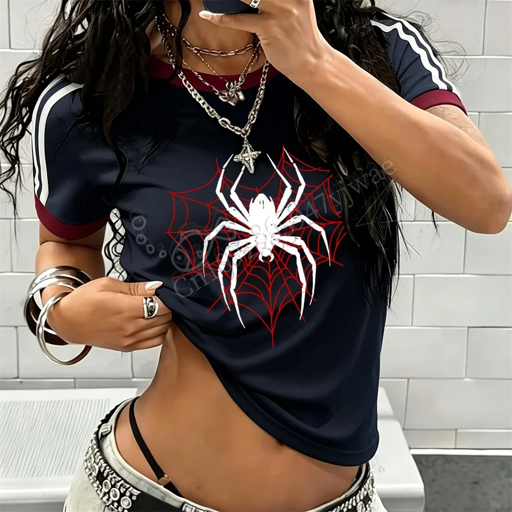 Cartoon Fun Retro Personality Niche Y2k Dark Gothic Style Simple Spider Web Spider Pattern Printed T-Shirt Summer Women T-Shirt