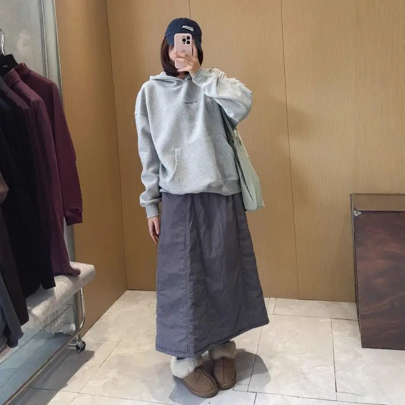 

High Waist Cotton f Skirt Winter Outdoor Warmth Stitching Design H-ape Batsman Sle Skirt for Middle-Aged Women