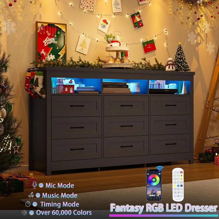 خزانة مزرعة حديثة ذات 9 أدراج مع أضواء LED مدمجة 63 خزانة تخزين كبيرة واسعة لغرفة النوم وغرفة المعيشة والممر المثالي #4