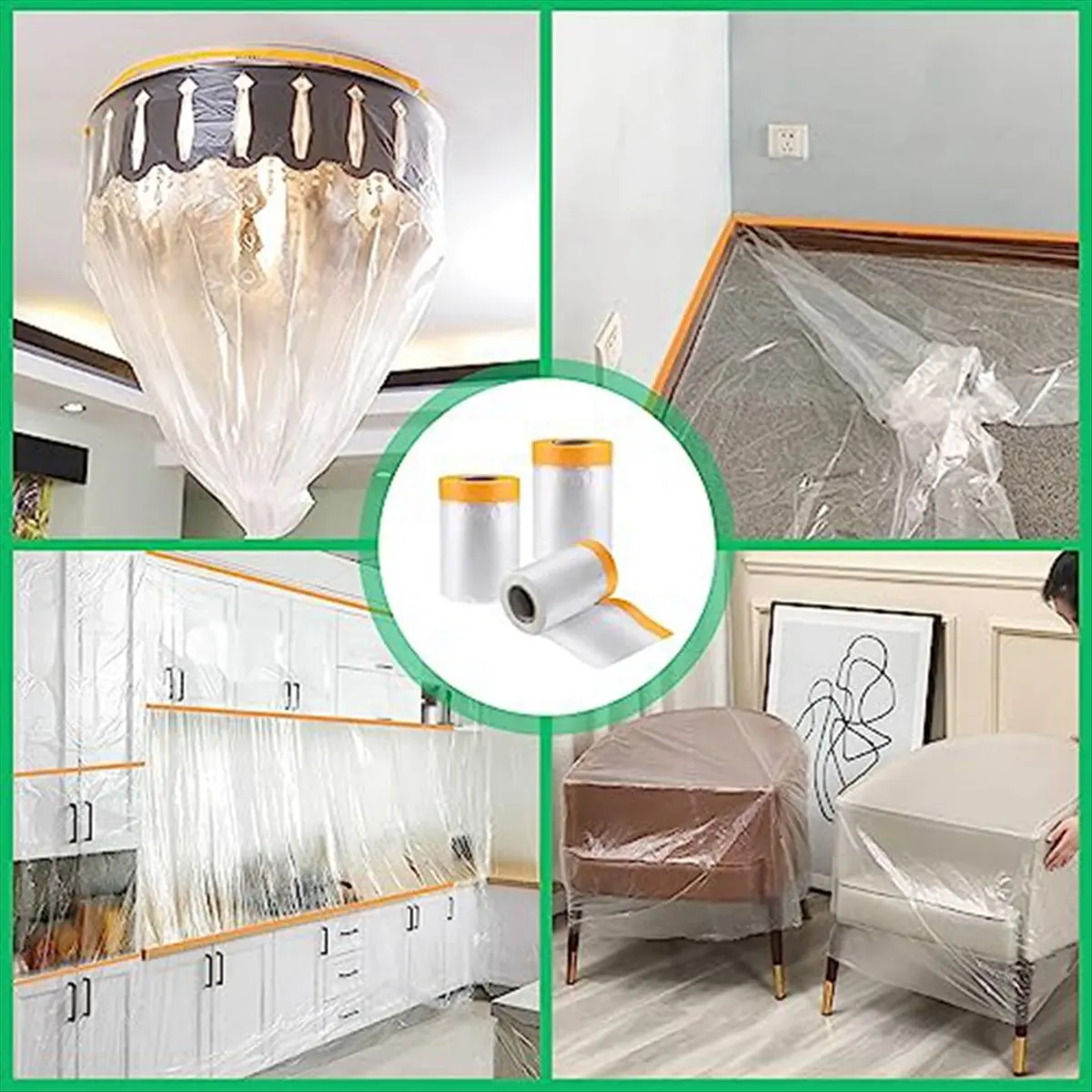 A74U 6 Pack Tape and Drape, 1.8X62.3 Ft Pre-Taped Masking Film for Auto Painting Covering, Plastic Pre-Adhesive Film