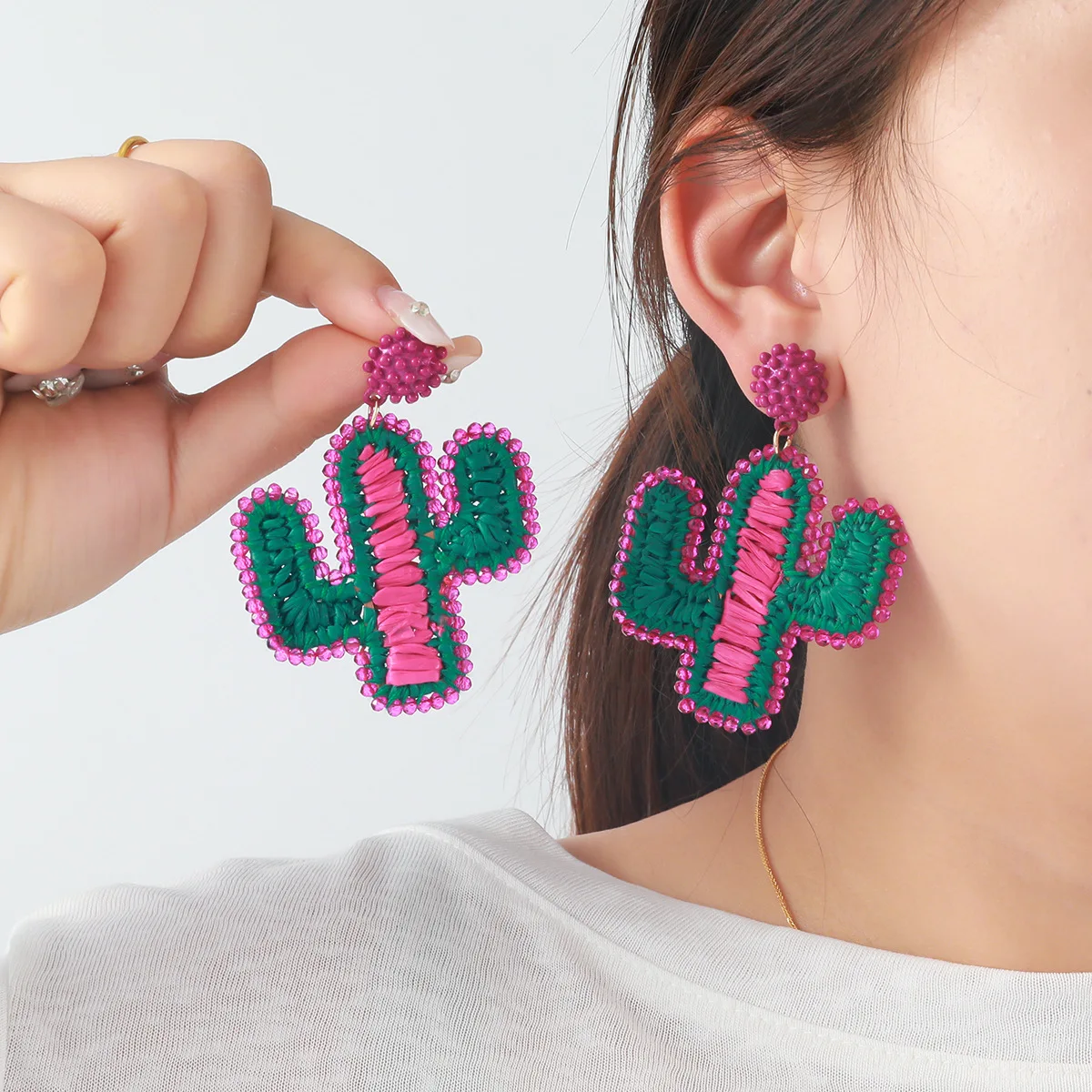 

2025 New ZAA Handmade Raffia Rattan Weaving Cactus Drop Earrings for Women Boho Style Summer Beach Party Jewelry Accessories