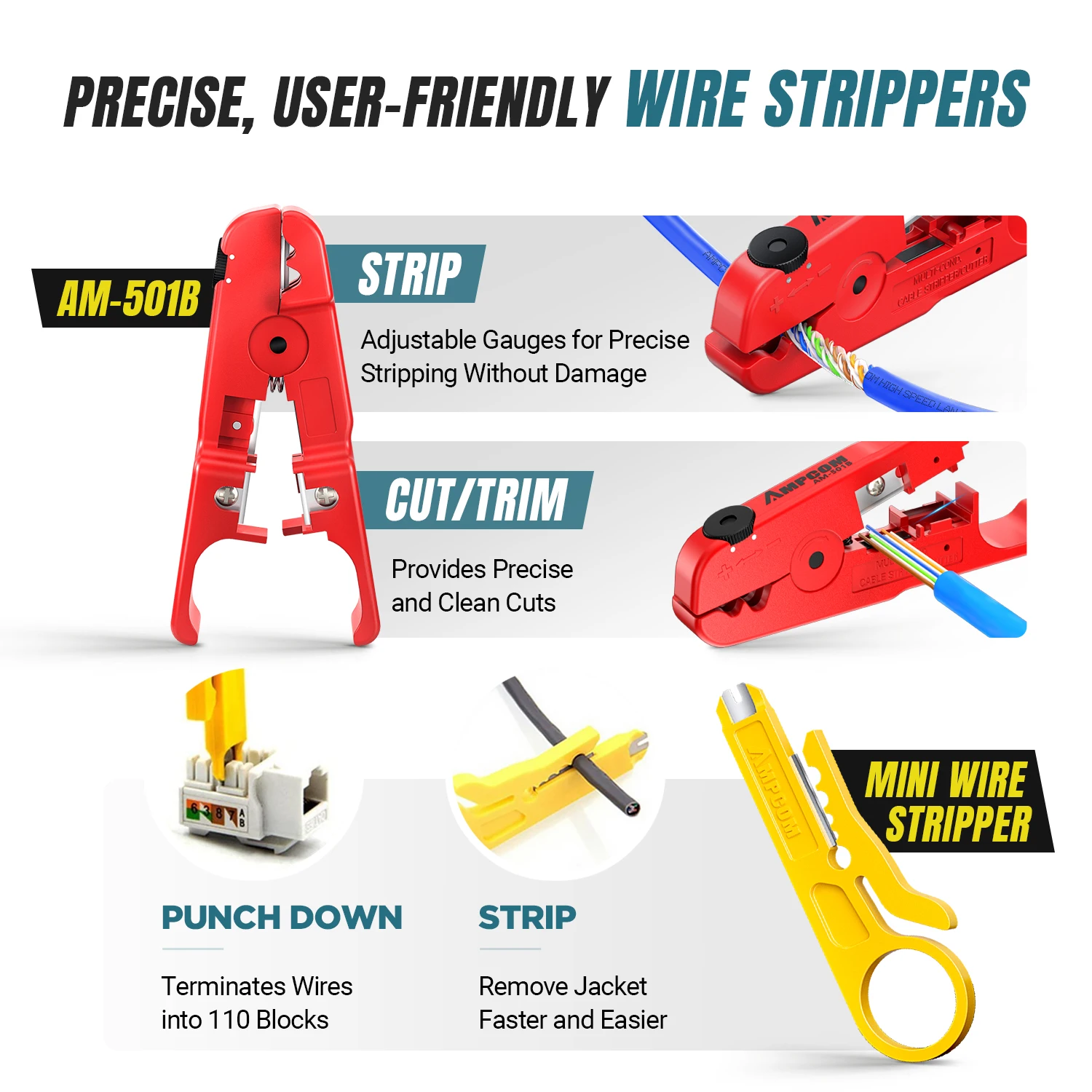 AMPCOM RJ45 Pass Through Crimping Tool Network Tool Kit for Cat5e Cat6 Cat7 9 in 1 Portable Ethernet Cable RJ45/RJ11 Crimper Kit