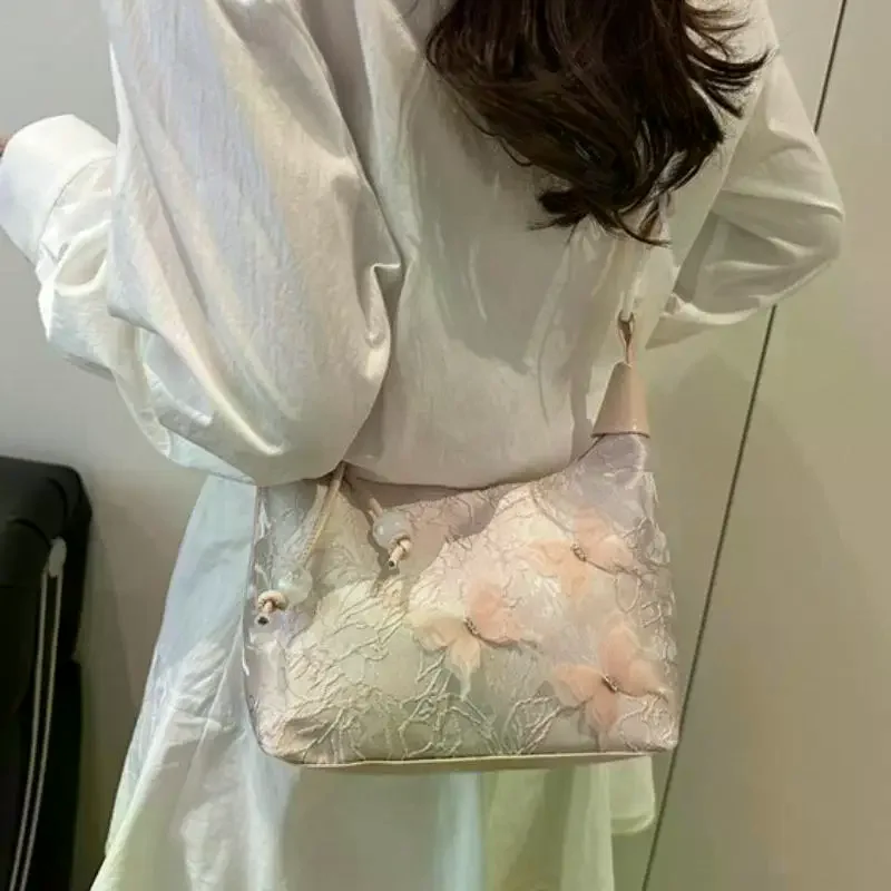 Chinese Style Embossed Floral Shoulder Bag Large Capacity Casual Crossbody Underarm Bag for Outdoor Weekend Trips