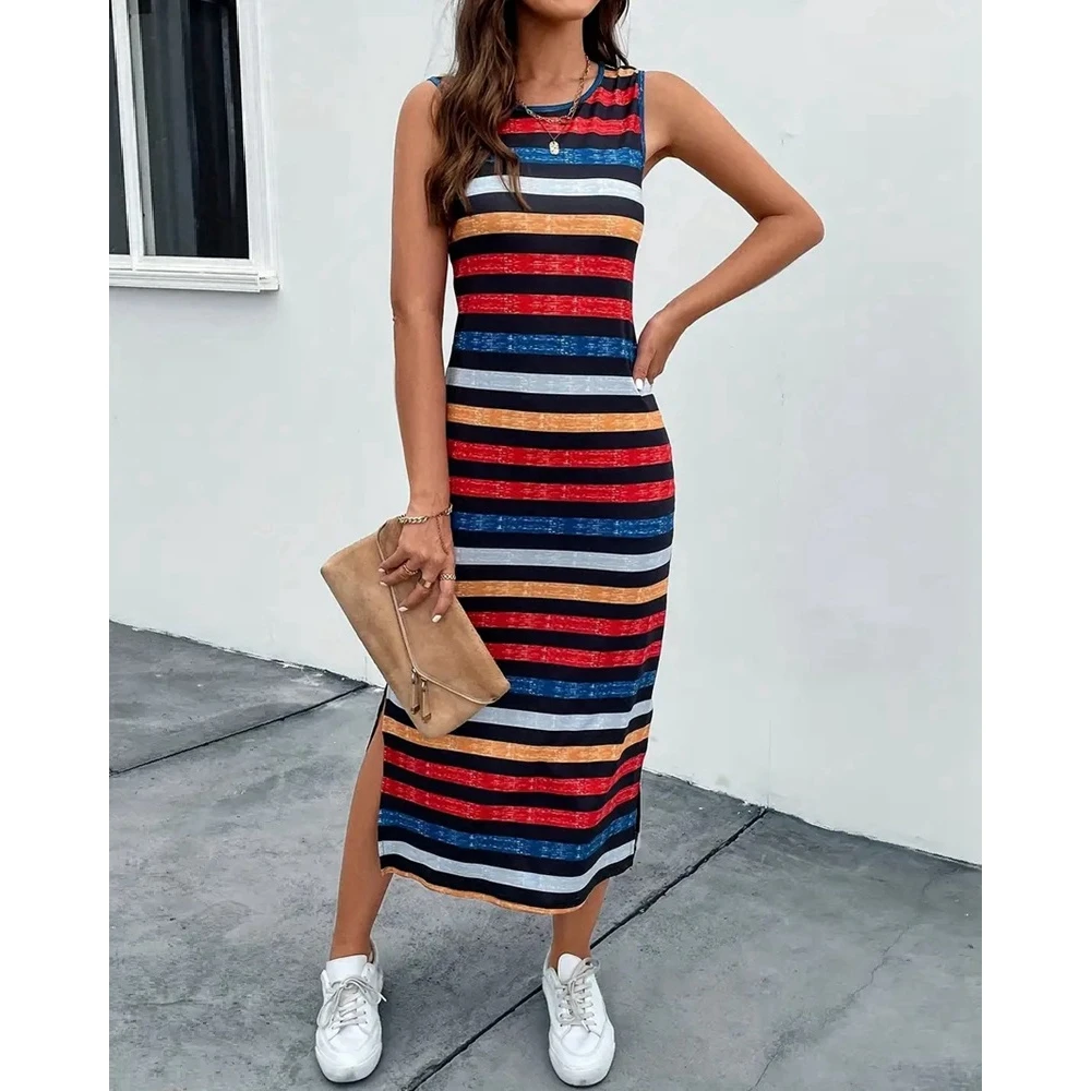 2024 Summer Women Corlorful Striped Print Sleeveless Tank Dresses for Women Casual Straight Maxi Dress Side Split Party Dresses