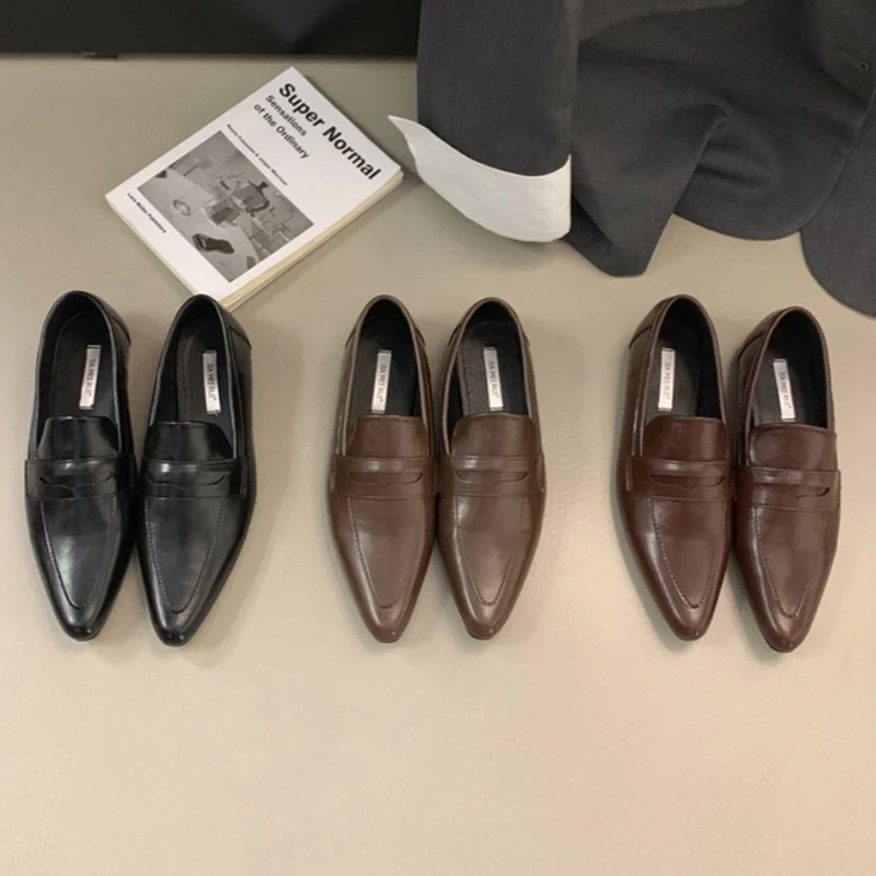 British Style Autumn Fashion Women\'s Shoes 2024 New Solid Color Pointed Toe Flats Decoration Slip-On Women Casual Loafers  Mujer