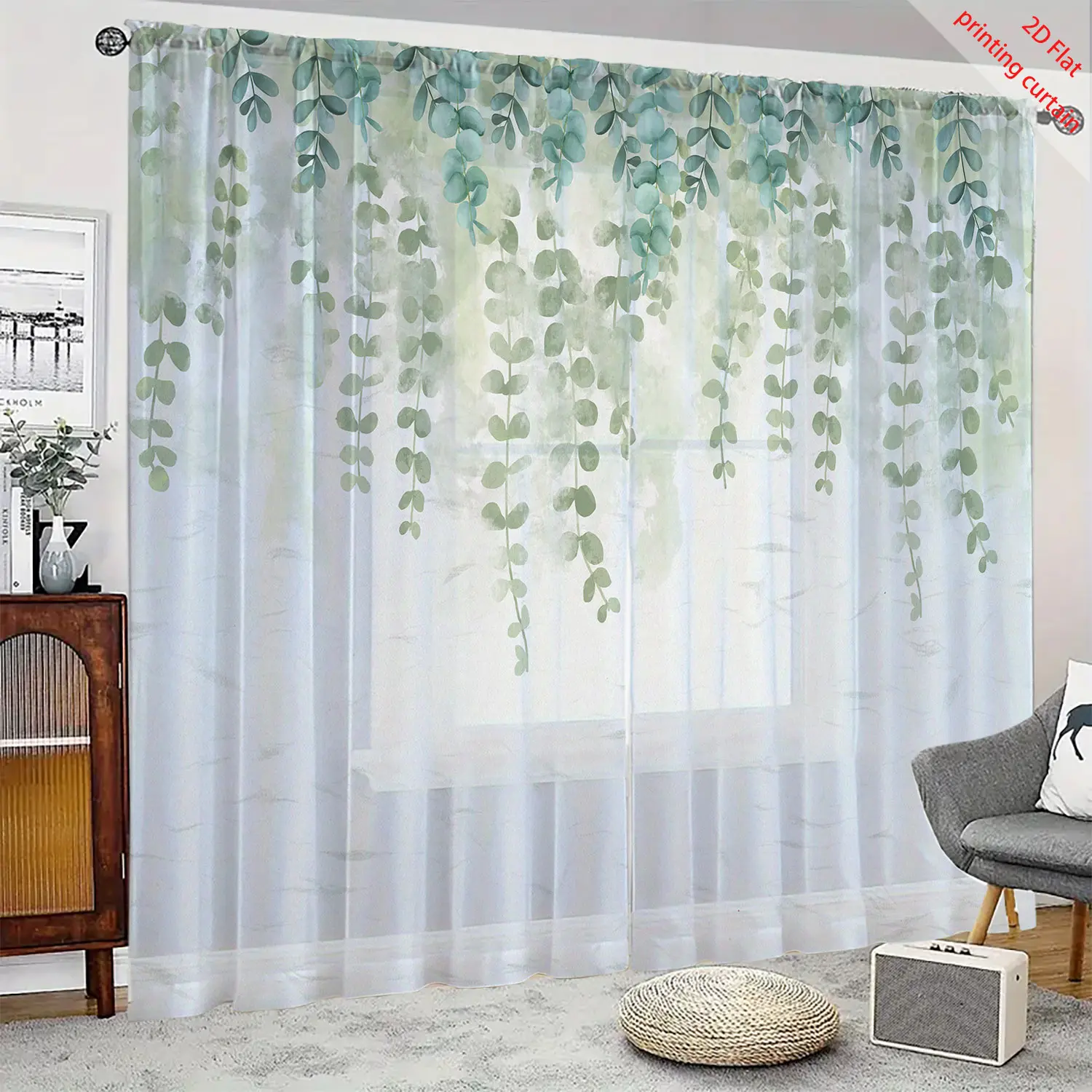 Printed transparent gauze curtain with plant, flower and bird patterns, suitable for home, dormitory, bedroom window decoration