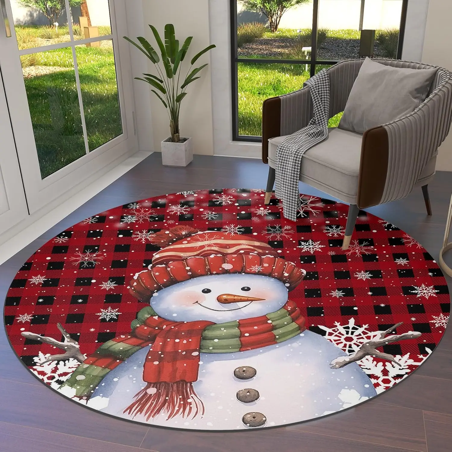 Christmas Snowman Snowflake Plaid Round Area Rug Laundry Non-slip Floor Mat Living Room Sofa Chair Mats Bedroom Bedside Foot Mat