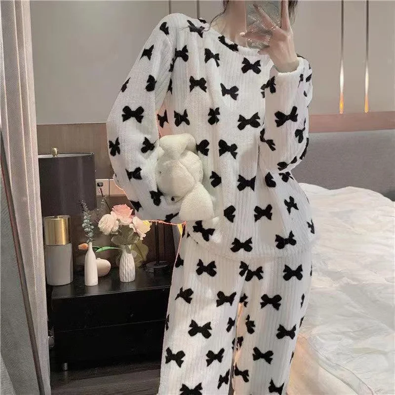 Women\'s Fall and Winter Pajamas Homewear Suit Bow Coral Velvet Pajamas Homewear New Women\'s Outer Loose Thickened Lazy Suit