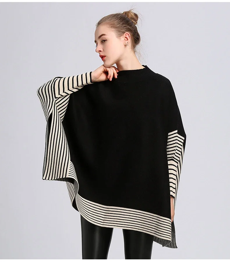 Women Spring Autumn Sweater Shawl Lady Knitted Strip Wrap Bat-wing Sleeve Turtleneck Pullover Loose Fall Winter Poncho Cloak New