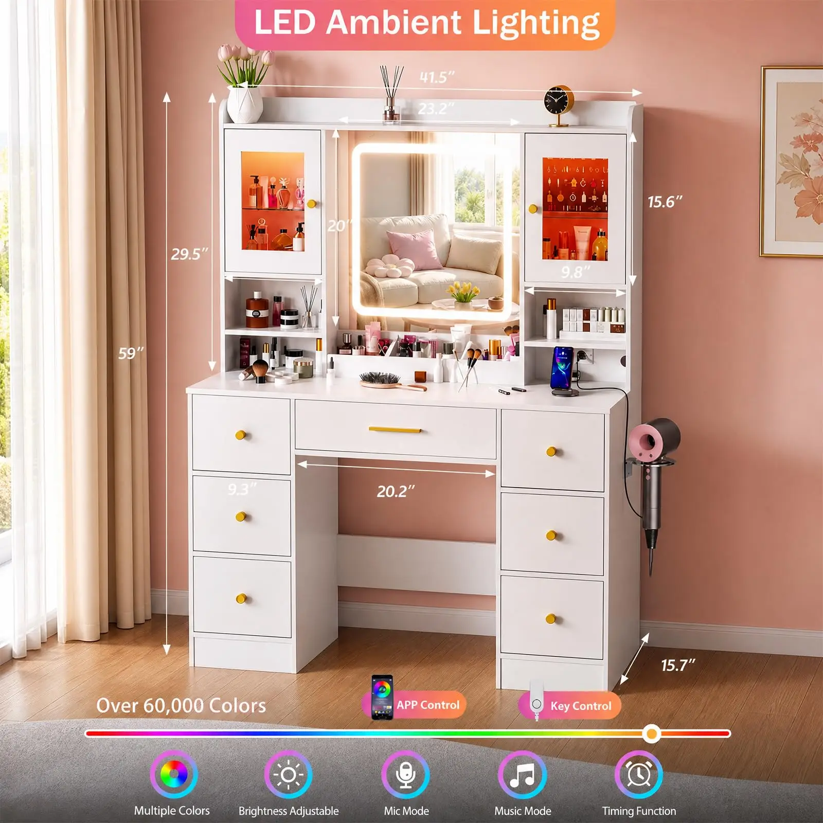 LAD White Makeup Desk with Mirror and LED Lights,Large Make Up Table with Lighted Mirror 7 Ders,ern with Power Outlet