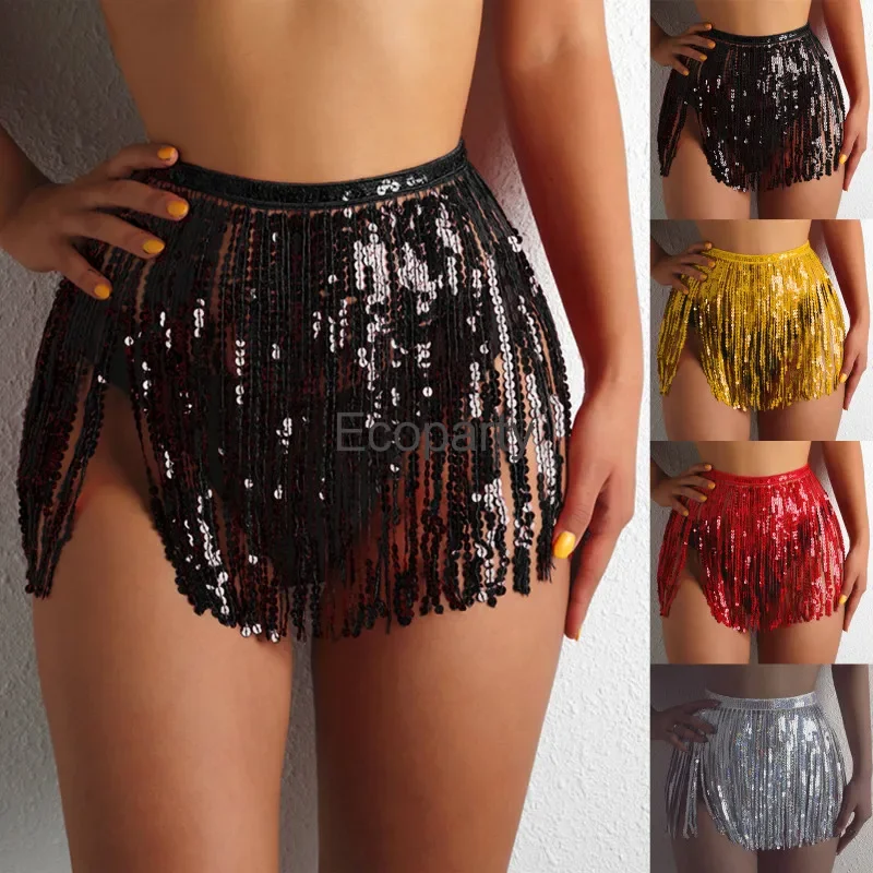 2024 Women Tassel Fringe Sequin Skirts Silvery High Waist Latin Dance Mini Skirts Summer Beach Cover-Ups Lady Dancer Costumes