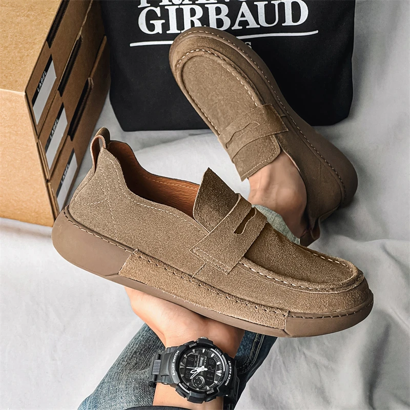 Spring Classic Loafers Men Sneakers Slip on Genuine Leather Casual Men Shoes Breathable Suede Leather Anti-skid Walking Footwear