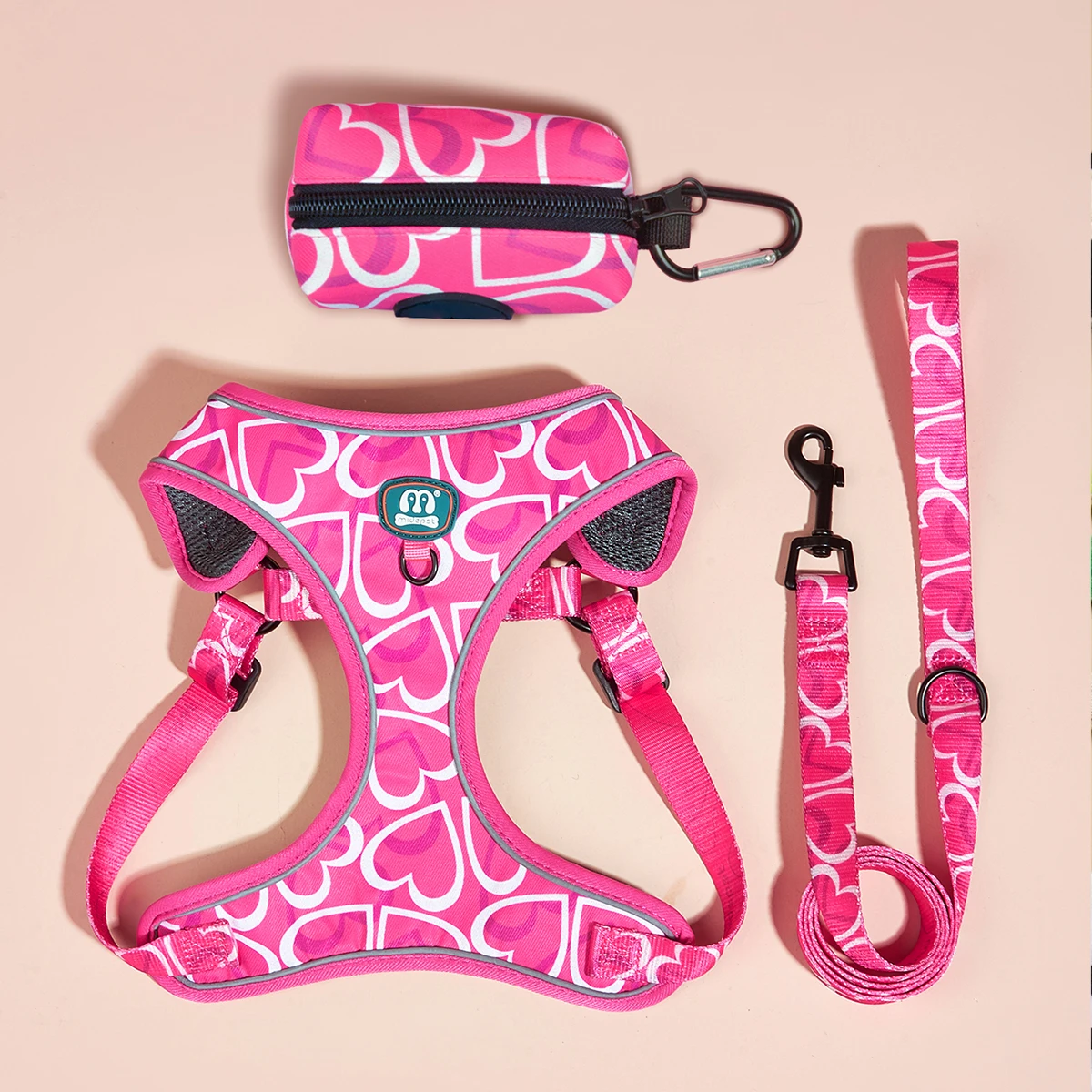 3Pcs/Set Love Heart Print High Quality Adjuatbale Rose Red Color Pet Dog Harness & Leashes & Poop Bag Holder Set For Walking