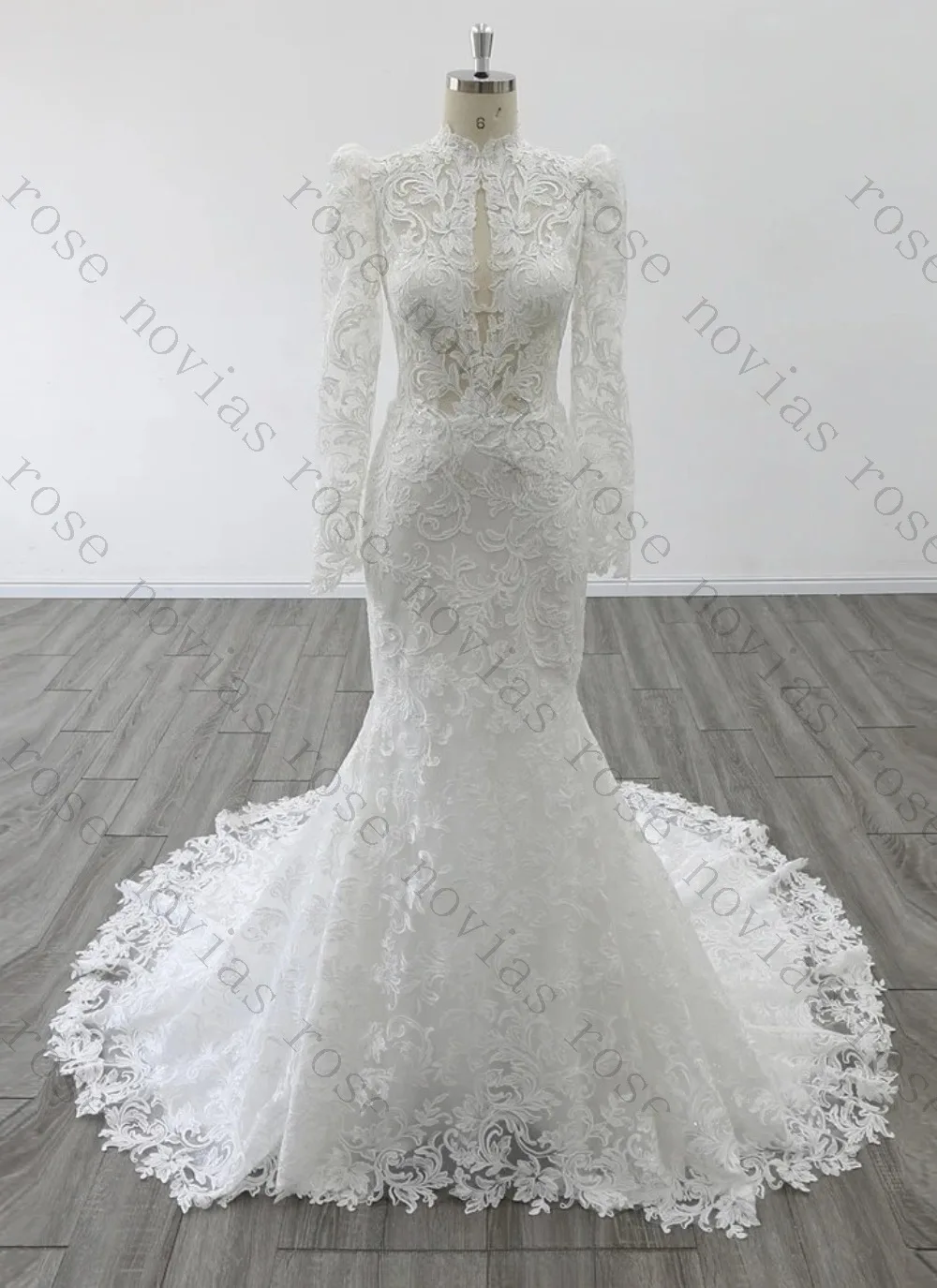 Customized High Neck Puff Long Sleeve Mermaid Wedding Dress Full Lace Sheer Waist Keyhole Design Chapel Train Vintage Wedding