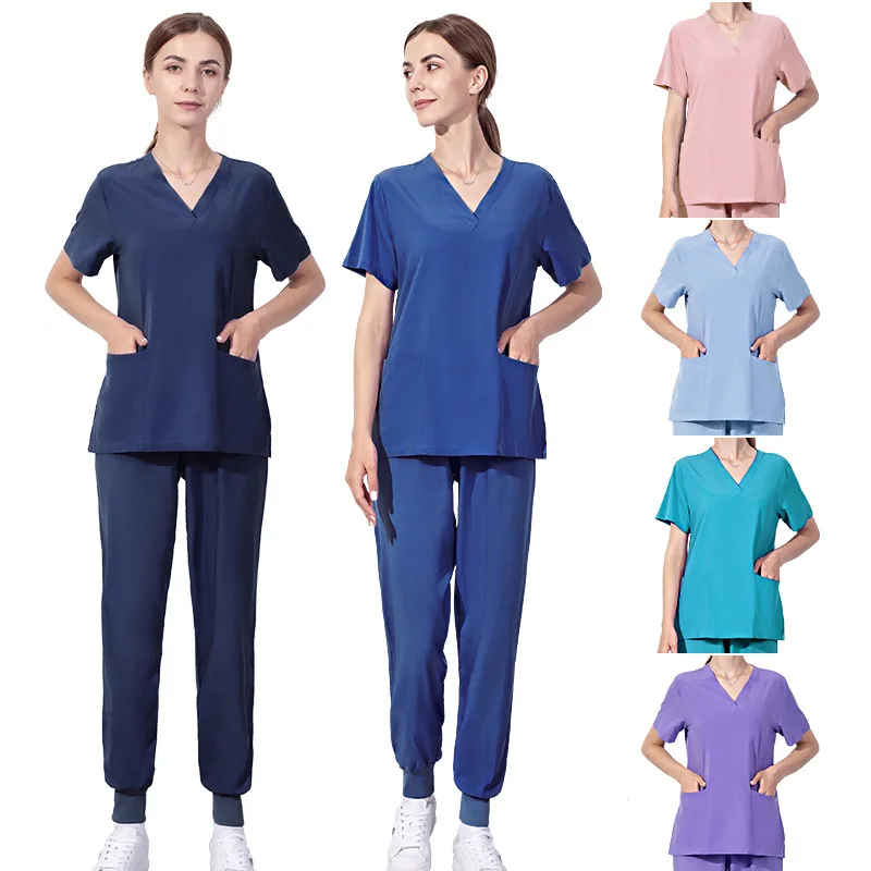 Uniformes médicos elásticos para mujer, conjuntos de batas quirúrgicas de Hospital, Tops de manga corta, pantalones, accesorios de enfermería, ropa