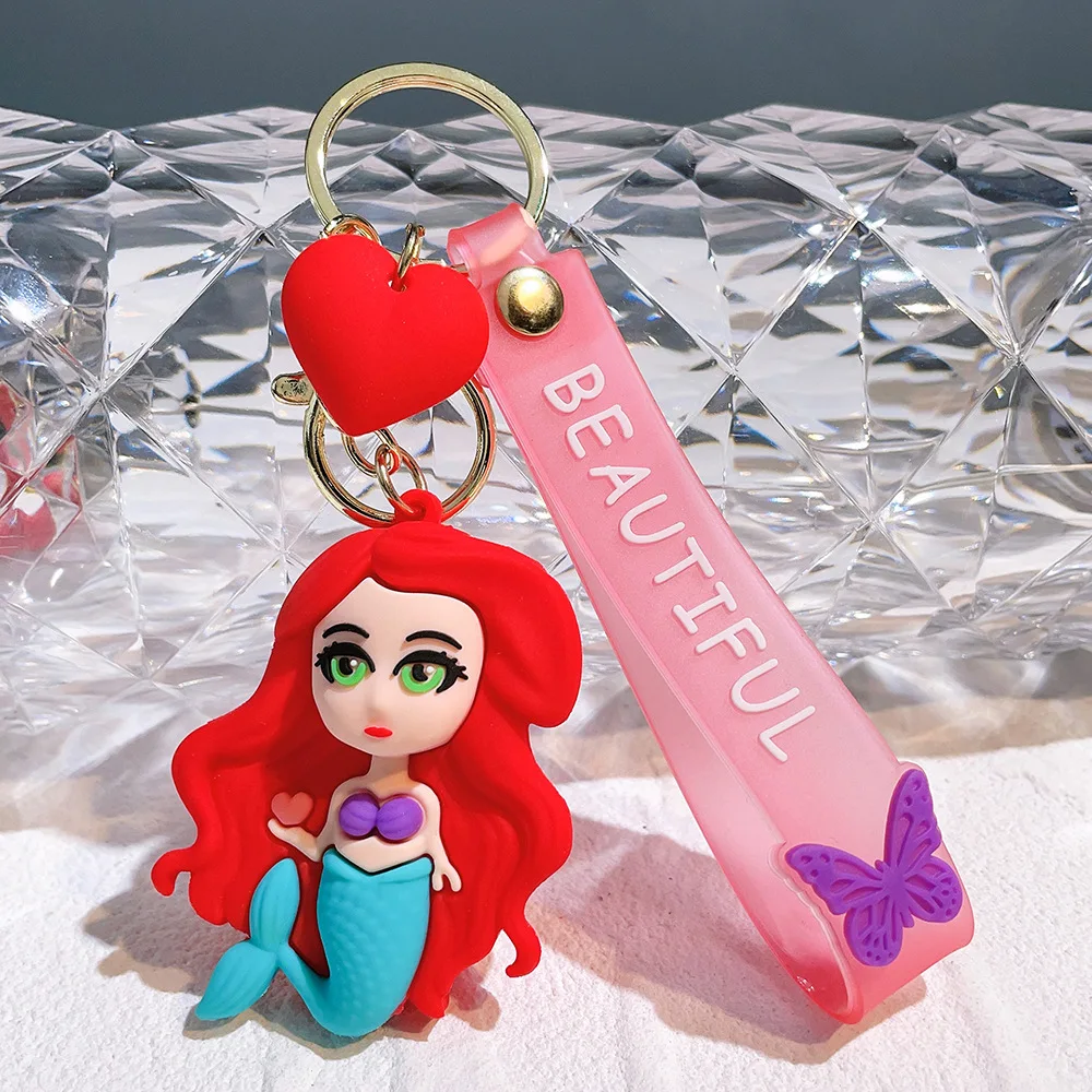 MINISO Snow White Mermaid & Elsa Princess Doll Key Chain Disney Style Cartoon Keychain Pendant Bag Hanging Decoration Small Gift
