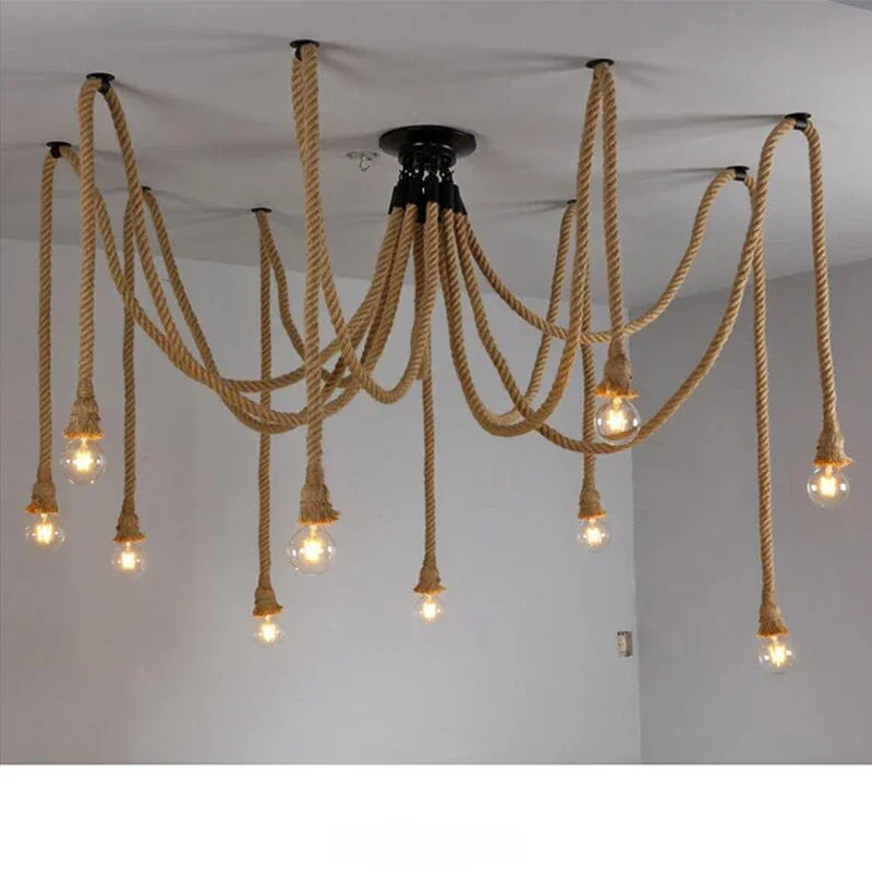 

Retro Hemp Rope Chandelier Vintage Spider Lamp LED Industrial Lighting E27 Edison Bulb lustre For Restaurant Home Decoration