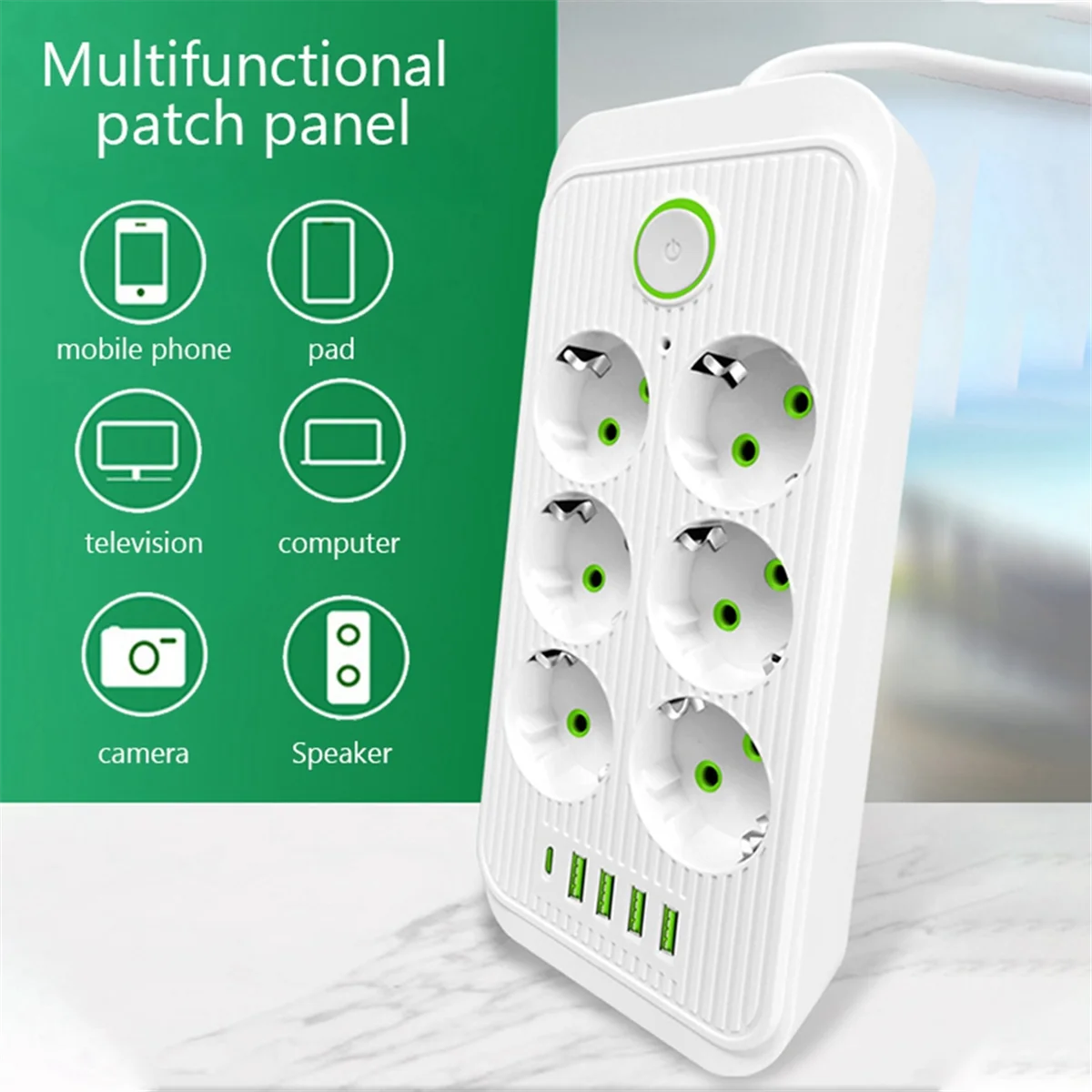 EU Power Strip Multiprise 6AC Outlets Electrical Socket with 4 USB 1 Type-C Network Filter Fast Charging EU Plug Black