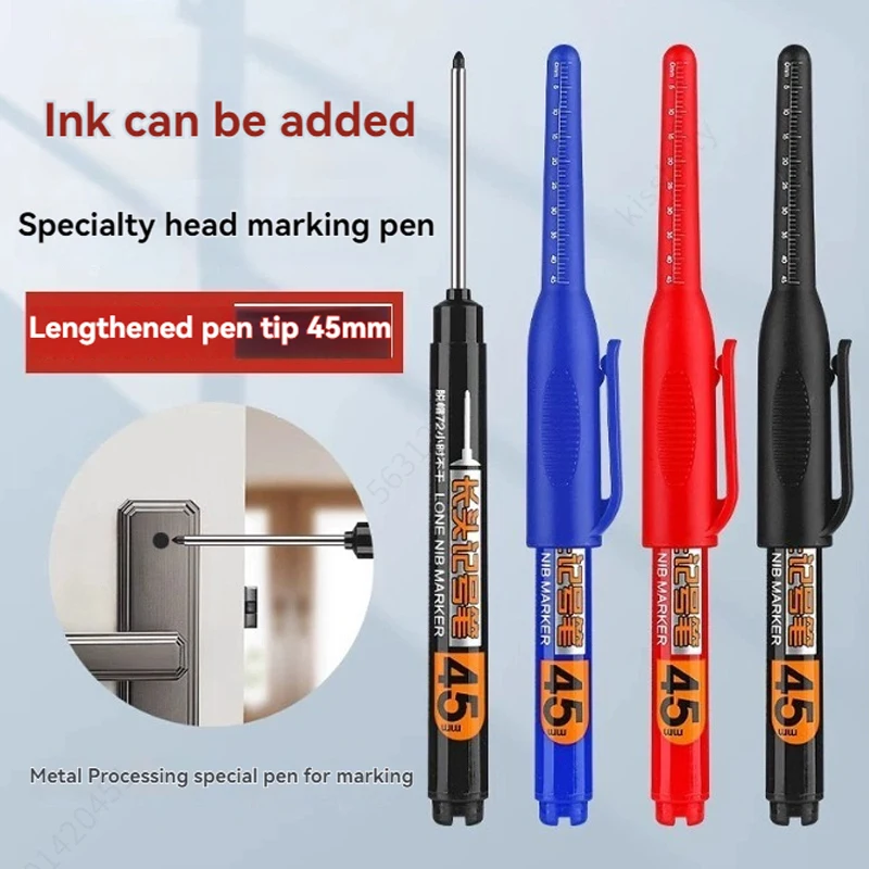 12Pcs Multi-Purpose 45mm Deep Drill Hole Long Nib Waterproof Marker Pens for Bathroom Woodworking Long Head Carpenter Pen White