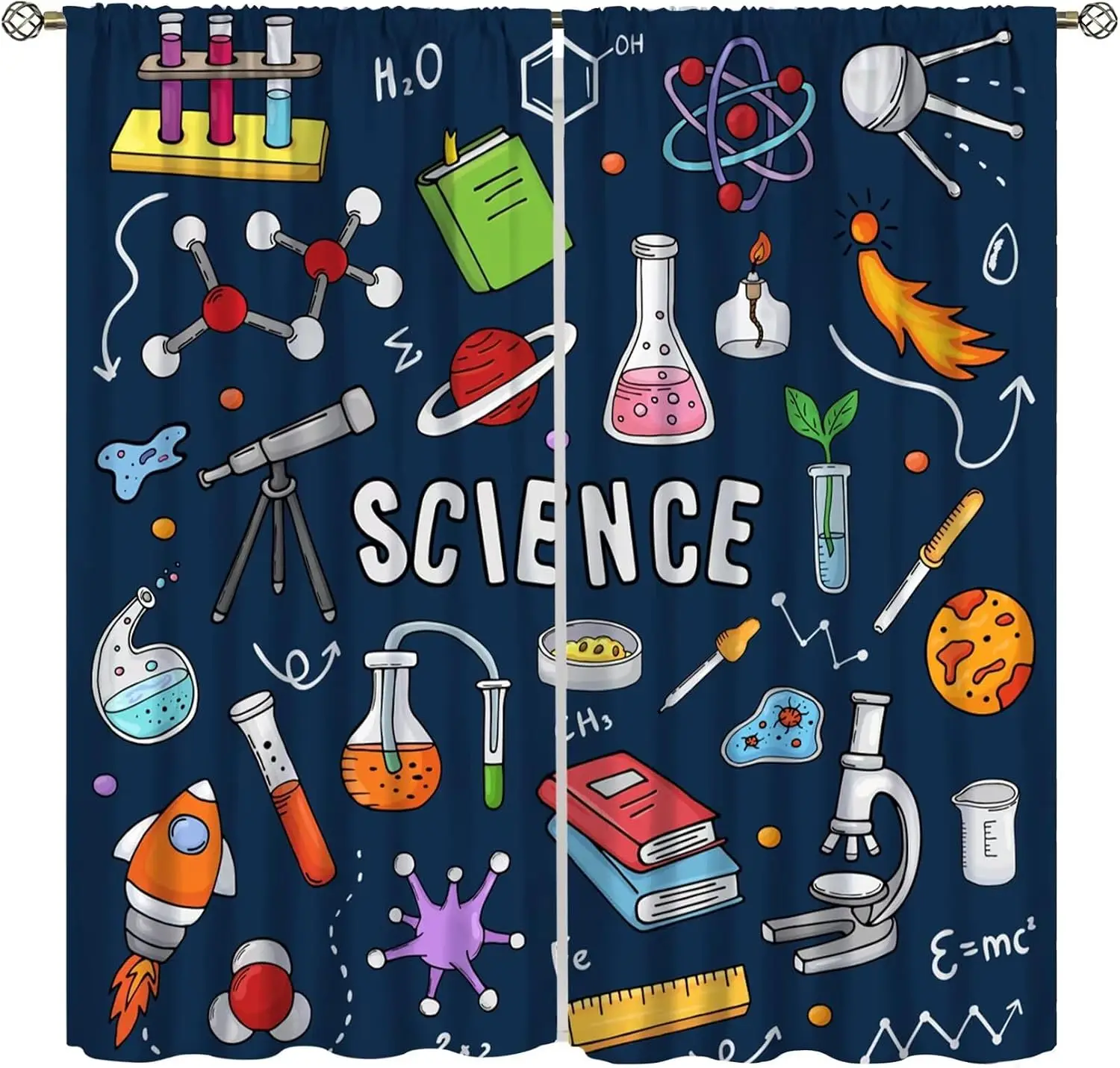 Cartoon Science Doodle Curtain Panels,Navy Base Lab Bottle Telescope Book Simple Student Pattern Drapes For Classroom Decoration