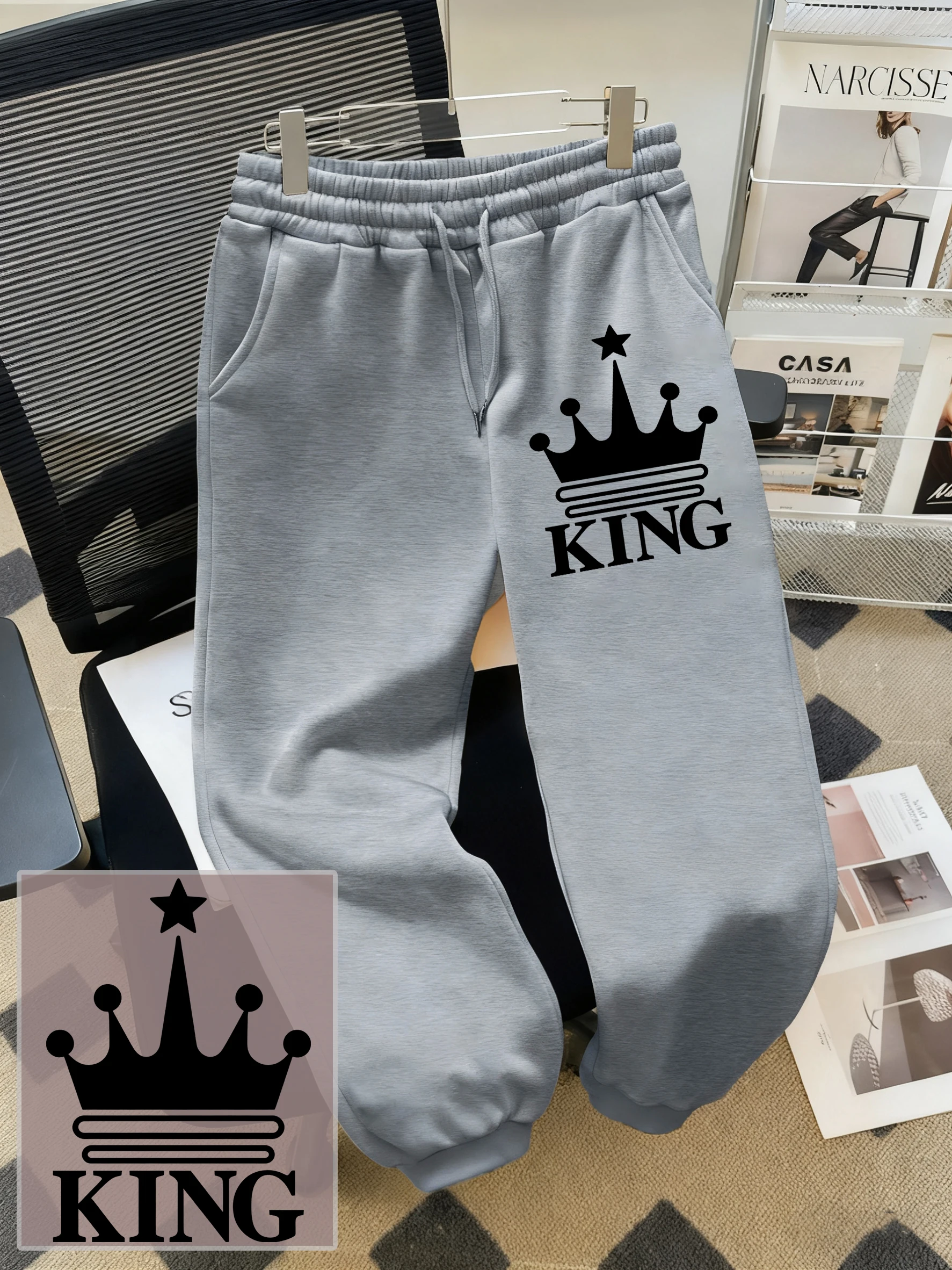 Creative King Crown Print Men'S Jogging Pants Fashion Autumn Sweatpant Pocket Fleece Trousers Drawstring Casual Streetwear