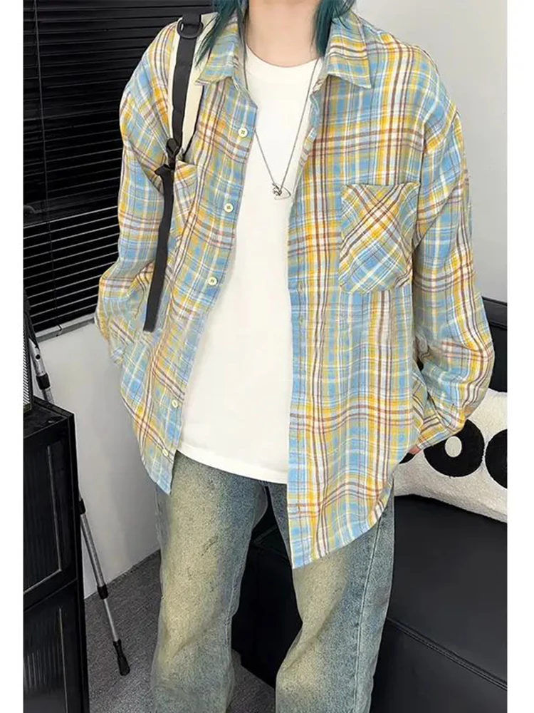 

Men's Plaid irt Long Sve American Sle Cleanfit Outerwear Autumn Design id Pattern irt Youth ular Loose Fit Brea...