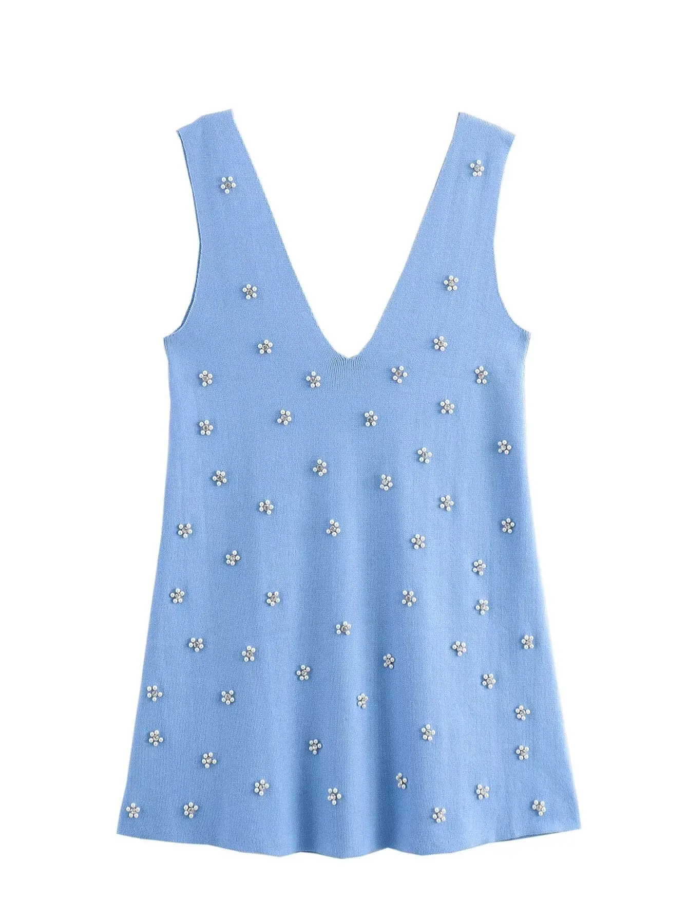 

Knitted Womens Dress with Sweet Jewelry Beads and V-neck Wide Shoulder Straps Mini Short Dress