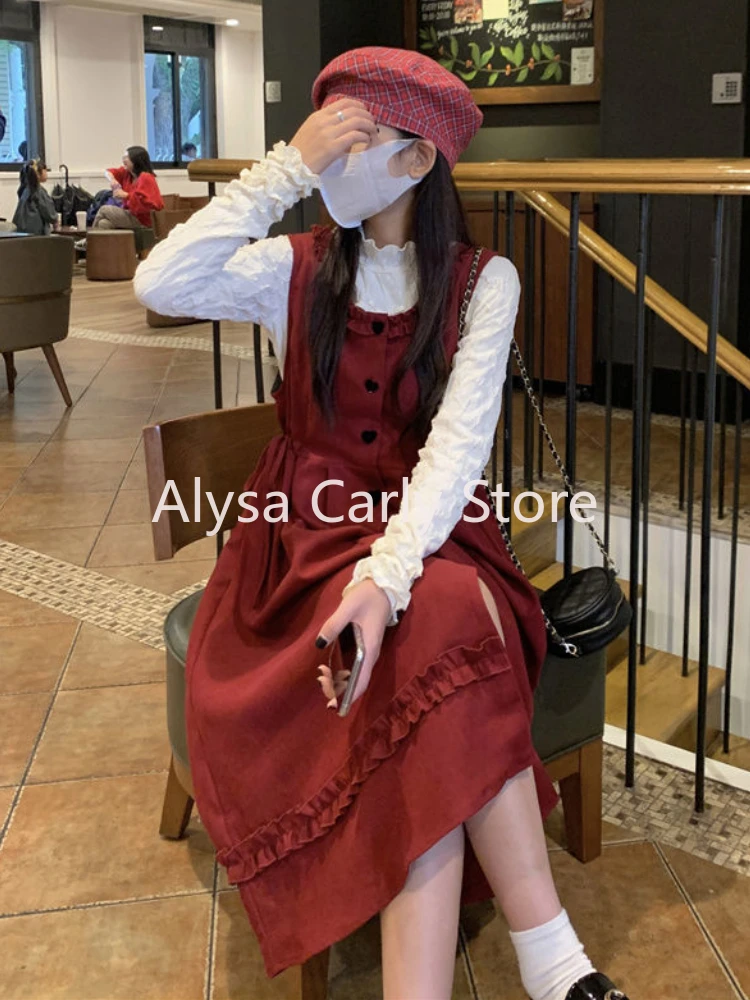 Winter Elegant Long Dress Women Vintage Long Sleeve Shirt + Sweet Strap Dress Set Korean Fashion Fairy Evening Party Dress Set