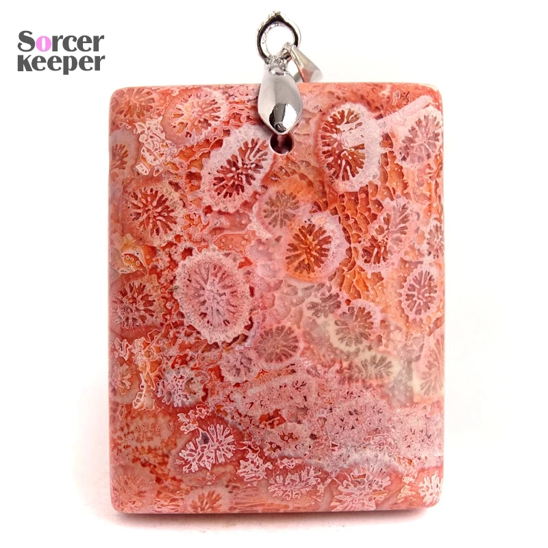 1PC Natural Chrysanthemum Gemstone Coral Pendants Rectangle Shape High Quality For Necklace Jewelry Making Accessories RS003