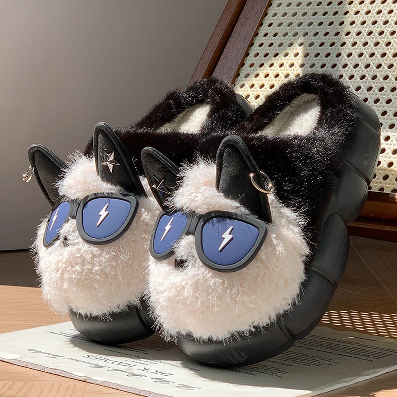 لطيف الكرتون الكلاب فروي النعال النساء أزياء مزيج اللون منصة نعال قماش للمرأة داخلي باطن لينة القطن الشريحة سيدة #3