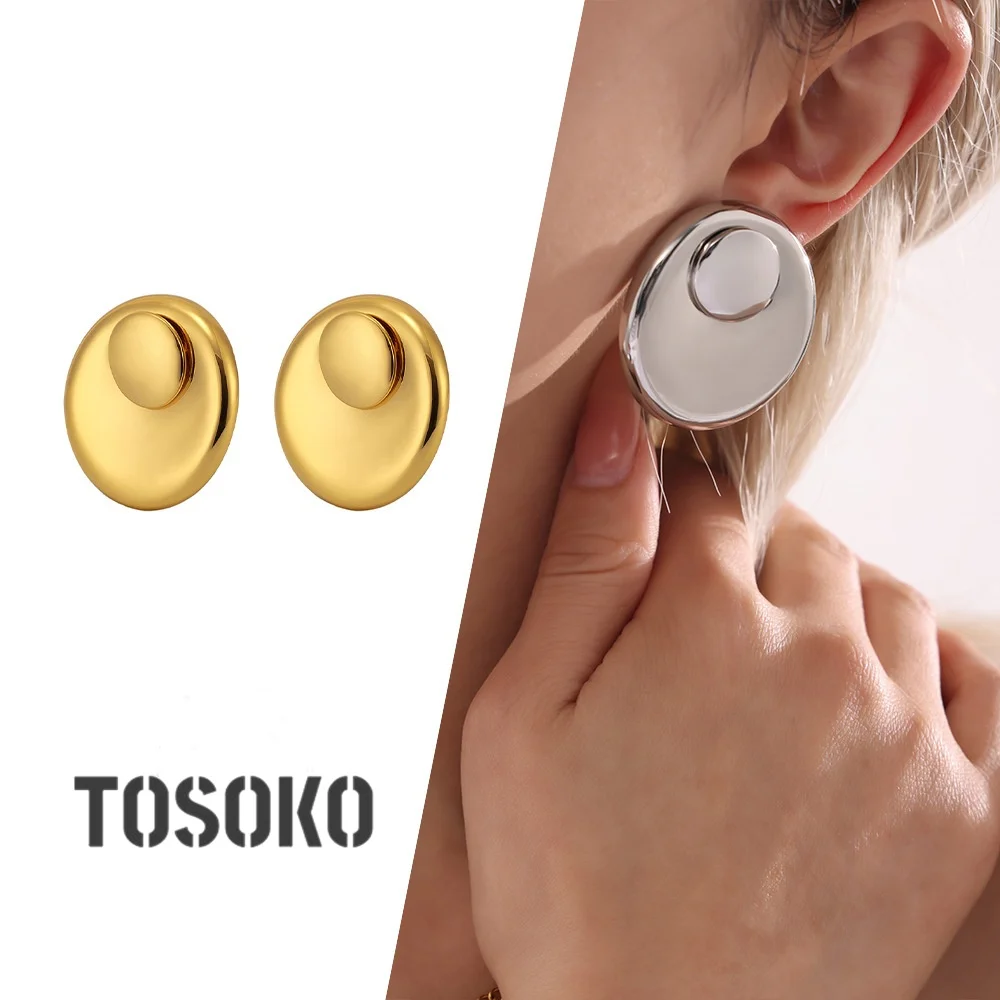 TOSOKO Simple And Stylish Large Circular Vortex Detachable Eearrings Stainless Steel Geometric Smooth Ring Set F1716