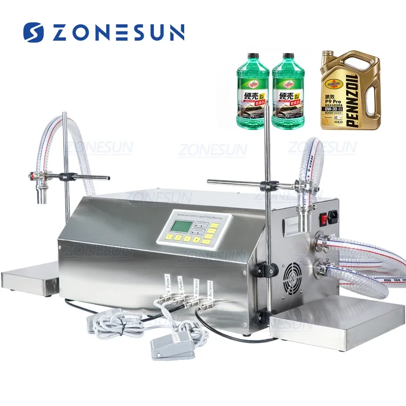 ZONESUN 2 Heads Diaphragm Pump Cosmetics Edible Oil Shampoo Bottle Perfume Soft Drink Filler Liquid Filling Weighing Machines