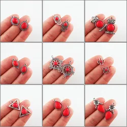 Retro Tibetan Silver Plated Animal Triangle Flower Palm Teardrop Oval Red Turquoise Stone Charms Pendants