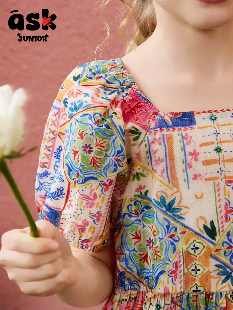 فستان صيفي للأميرات من ASK Junior Tween للفتيات قابل للتنفس بألوان متباينة وأكمام فقاعية #5