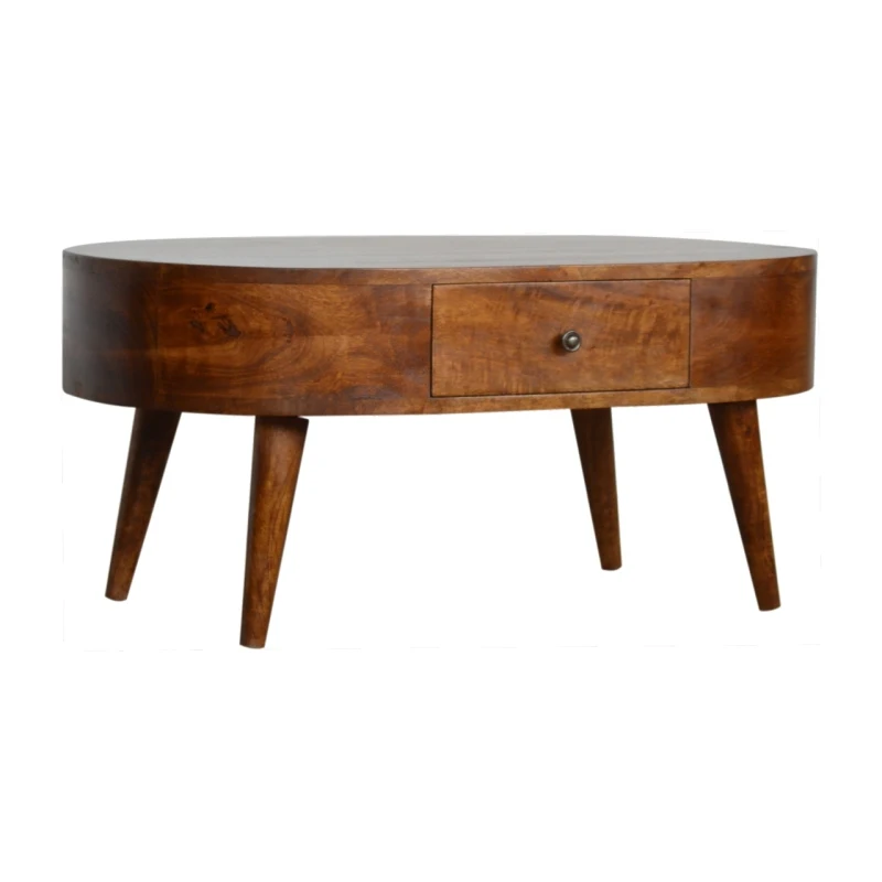 Chestnut Rounded Coffee Table, Nordic Legs, 2 Drawers, Brown