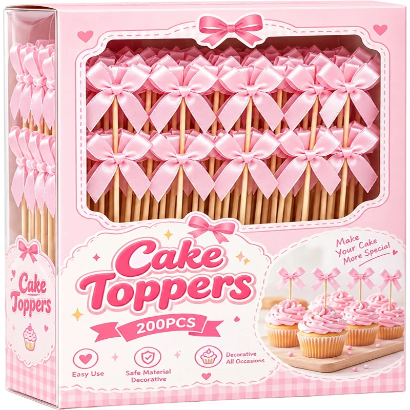 Pink Bow Cupcake Toppers Cocktail Picks Decor Bamboo Toothpicks for Cupcake Fruit Cake Topper Wedding Birthday Party Decoration
