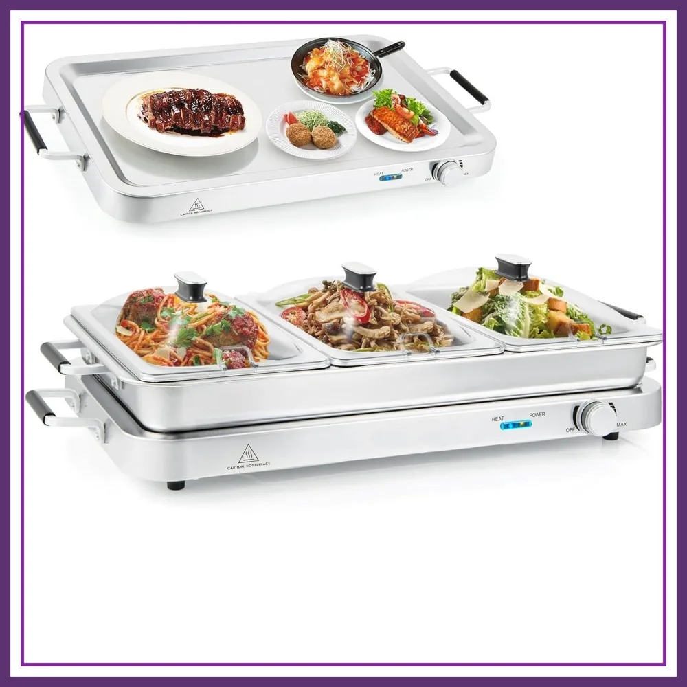 

2-in-1 Electric Buffet Warmer with 3 Food Pans, 8 Qt Stainless Steel Chafing Dishes, Adjustable Heat for Parties
