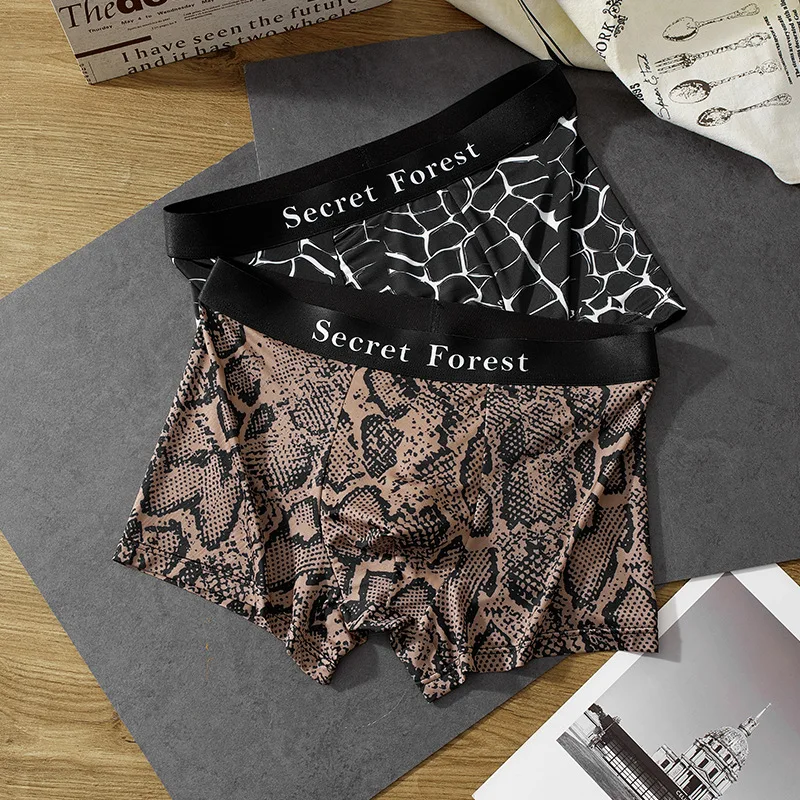 2 Pack Wild Python Print Ice Silk Boxer Briefs for Men Breathable Summer Underwear Flat Seams Youthful Four Corners Design