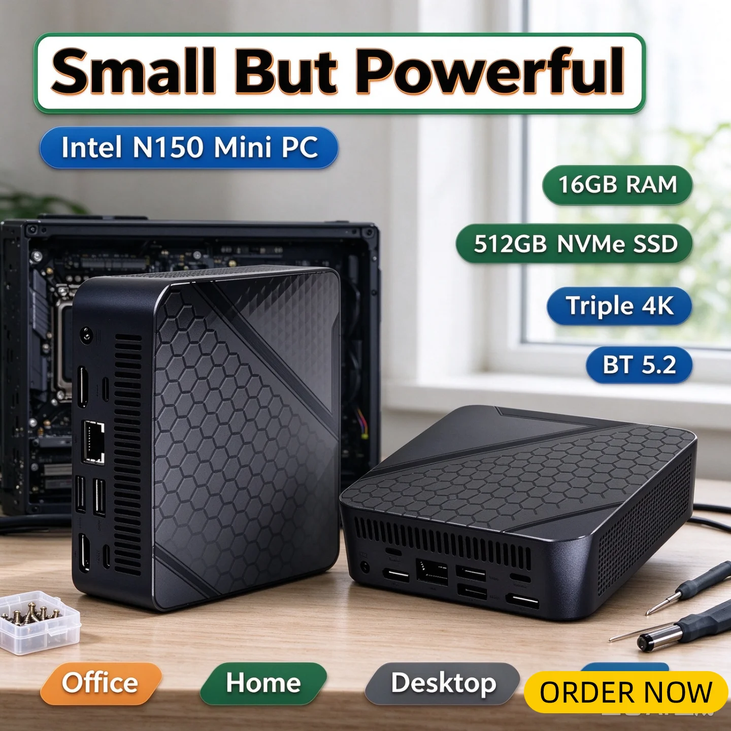 Intel N150 Pro Ultra Mini PC 16GB RAM 512GB M2 NVMe SSD Silent Cooling Triple 4K Output WiFi6 BT5.2 Slim HD Home Office Desktop