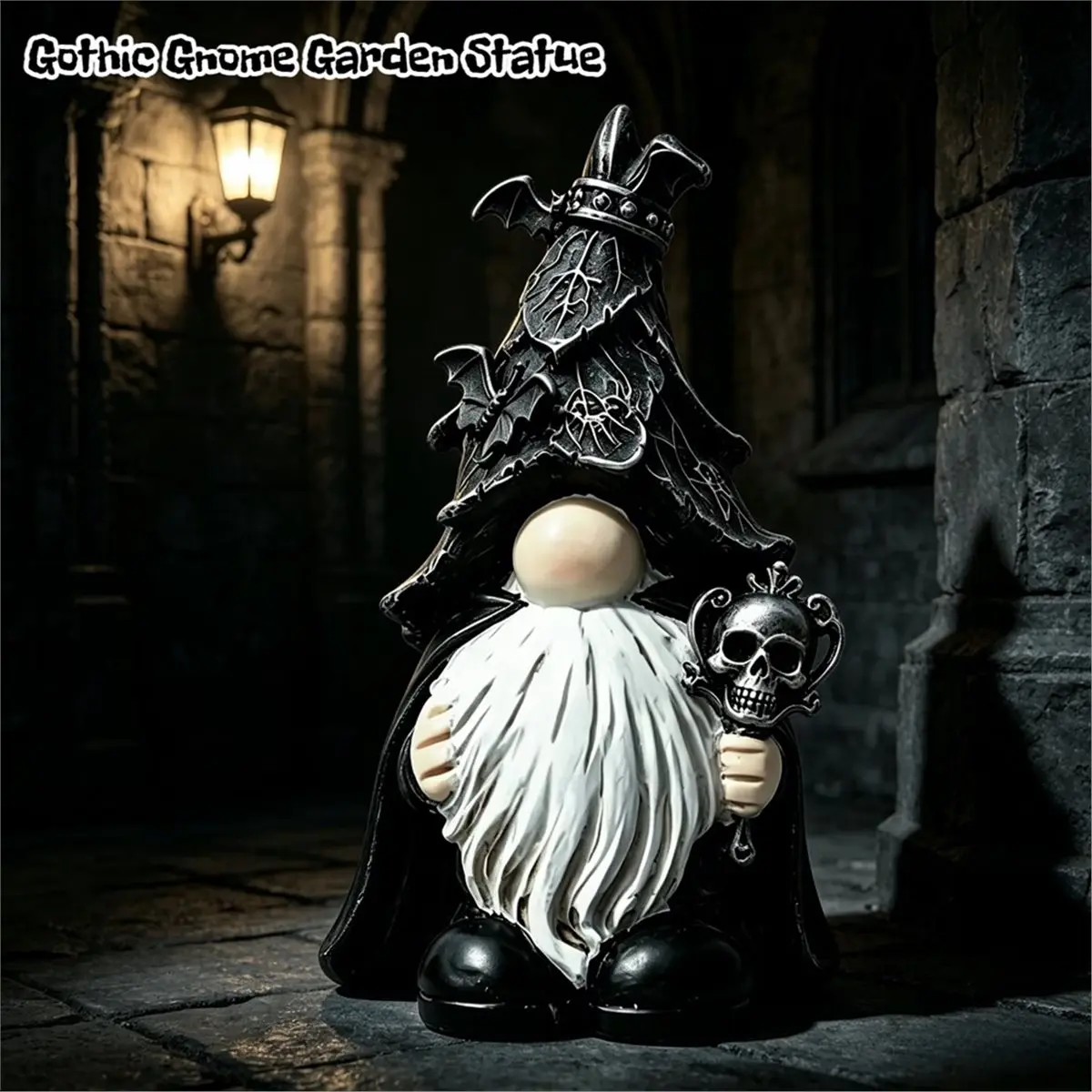 Gothic Witch Gnome Figurine, Resin Wizard Statue with Pentagram Moon Hat & Chain Accents for Occult Home Decor