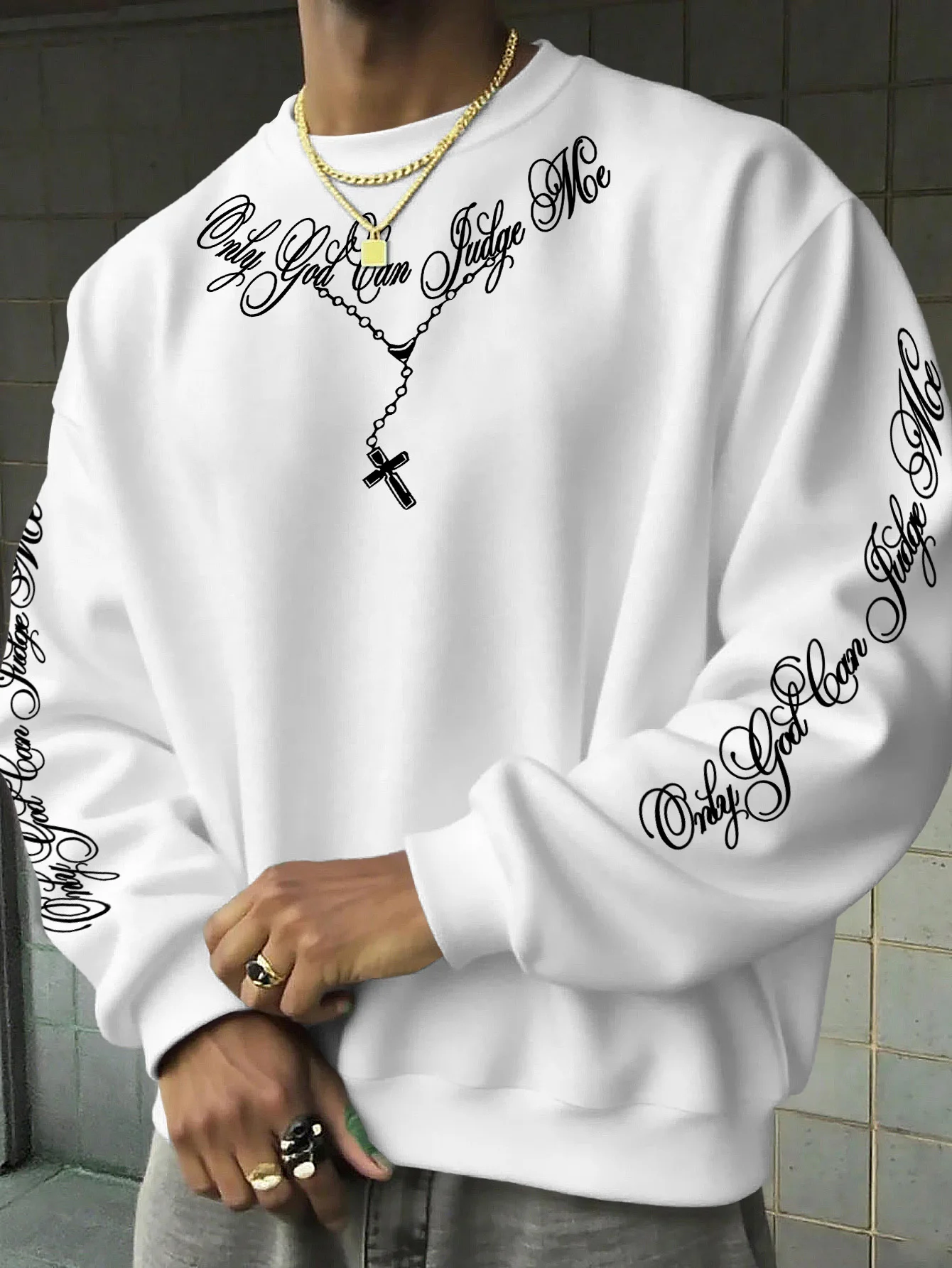 Men Casual Crew Neck Long‑Sleeve Top, Cross Necklace Cursive Script Letter Graphic Print Sweatshirt，S-XXL