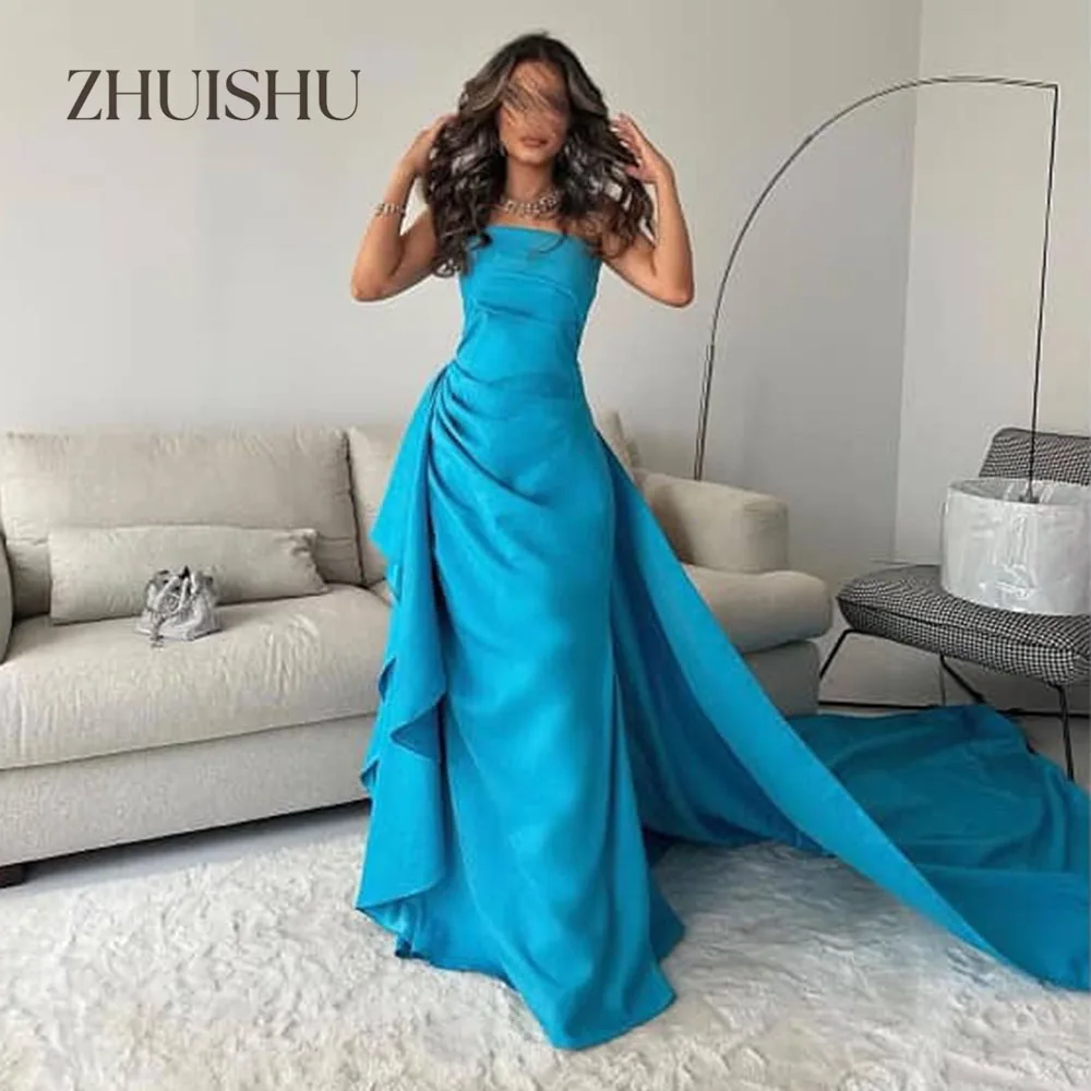 

ZHUISHU Strapless Satin Prom Dresses Floor-Length Draped Evening Gown with Train Customized Dubai Special Occasion Dresses