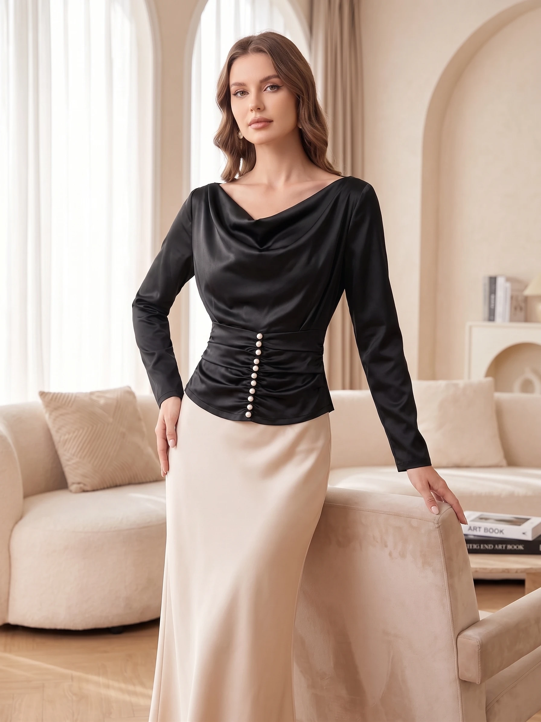 Satiny Pearl Waist Cinched Long Sleeve Shirt Elegant Pleated Slim Fit Blouse for Commute Professional Women's Fashion